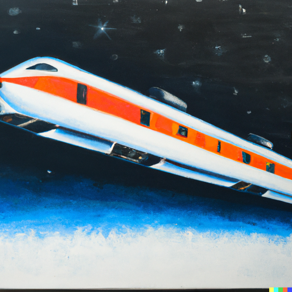 DALL·E 2023-02-11 10.19.00 - Painting of a train from Deutsche Bahn floating in space, Oil and Canvas