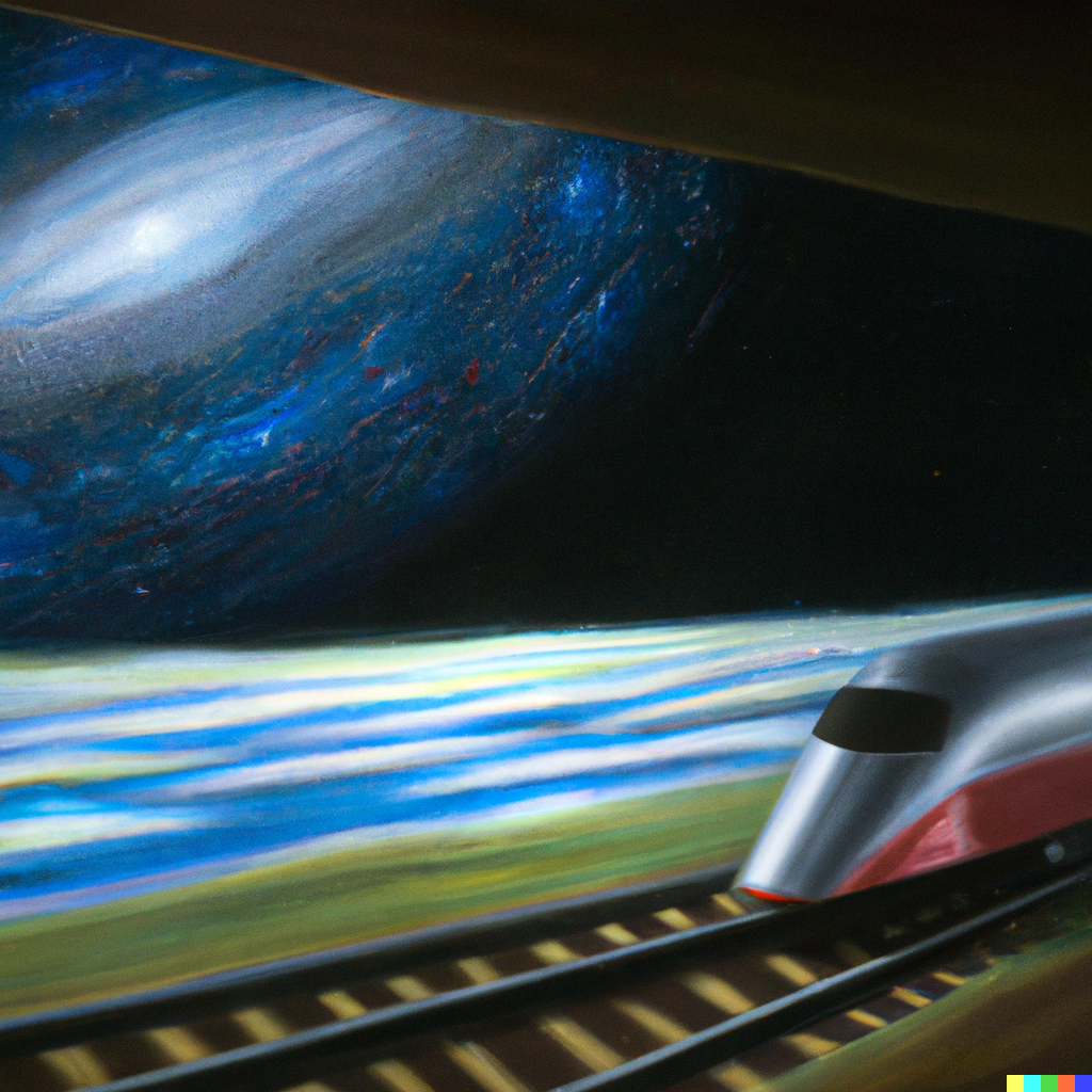 DALL·E 2023-02-11 10.19.42 - 3d render of a train from Deutsche Bahn floating in space, Oil and Canvas