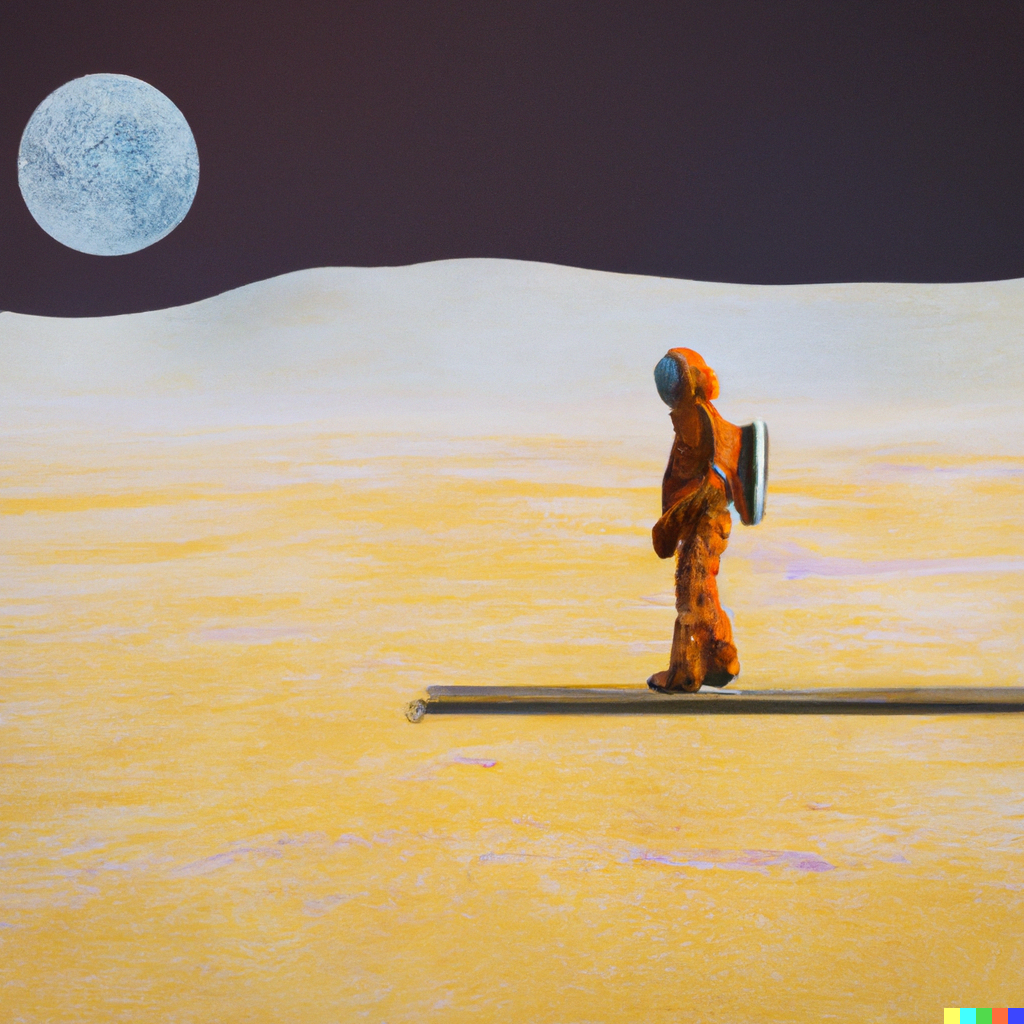 DALL·E 2023-02-11 10.23.48 - 3d render of a railway engineer walking on moon ground, Oil and Canvas