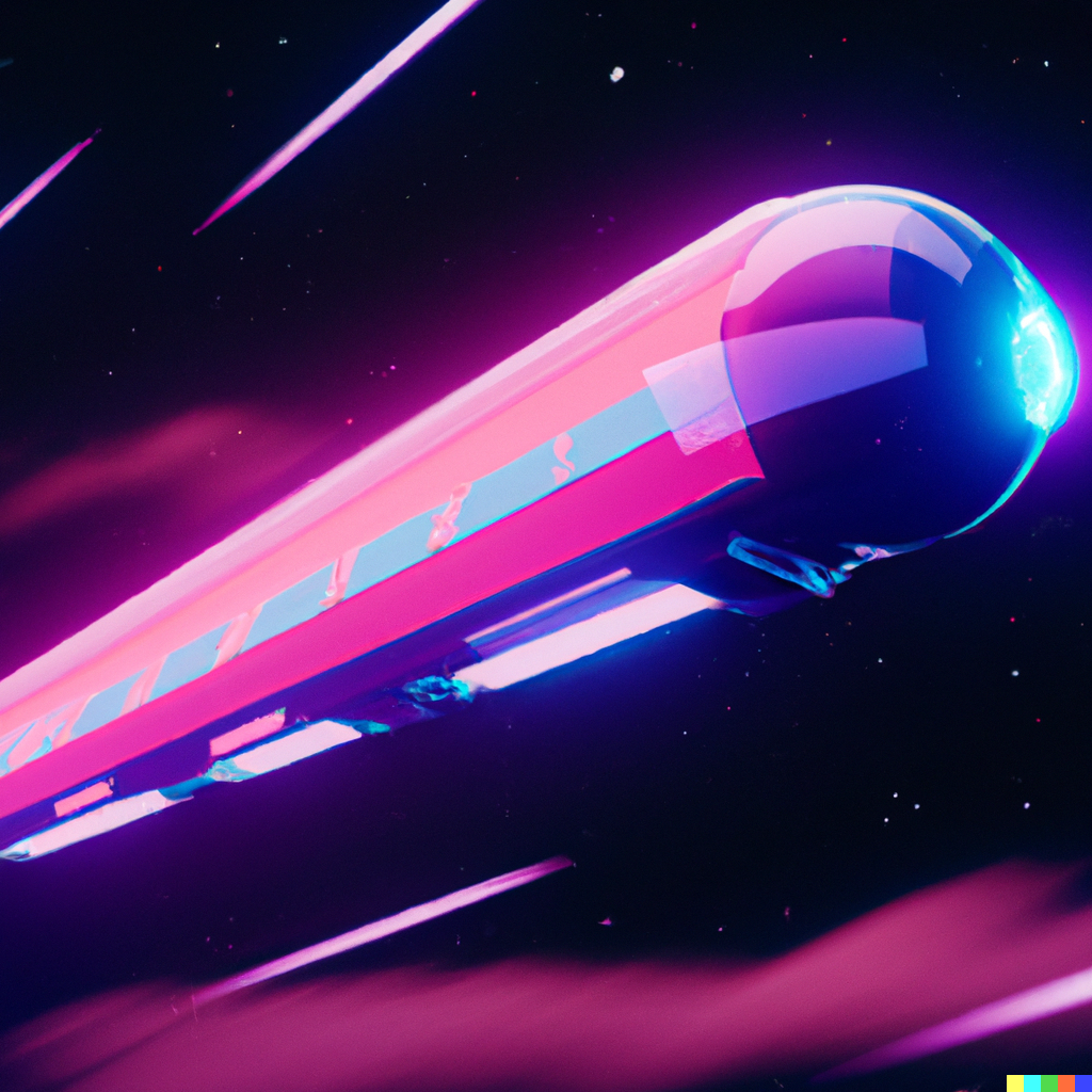 DALL·E 2023-02-11 10.47.23 - 3d render of a train from Deutsche Bahn floating in space, Synthwave
