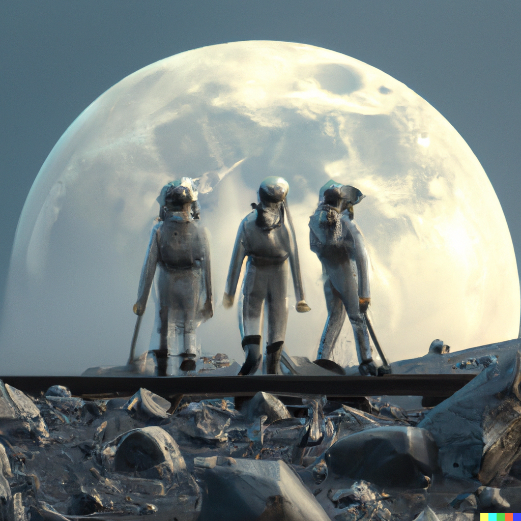 DALL·E 2023-02-11 09.32.48 - 3 render of railway engineer walking on moon ground, digital art