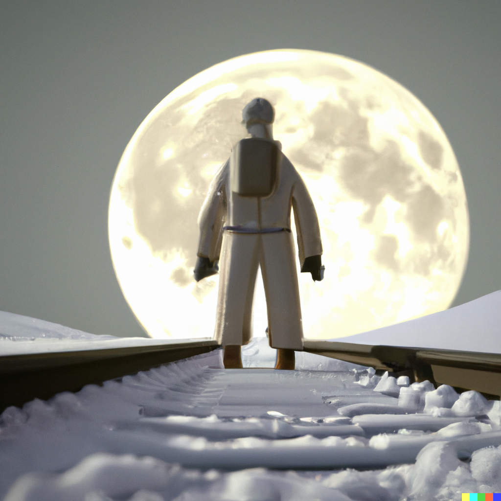 DALL·E 2023-02-11 09.32.56 - 3 render of railway engineer walking on moon ground, digital art