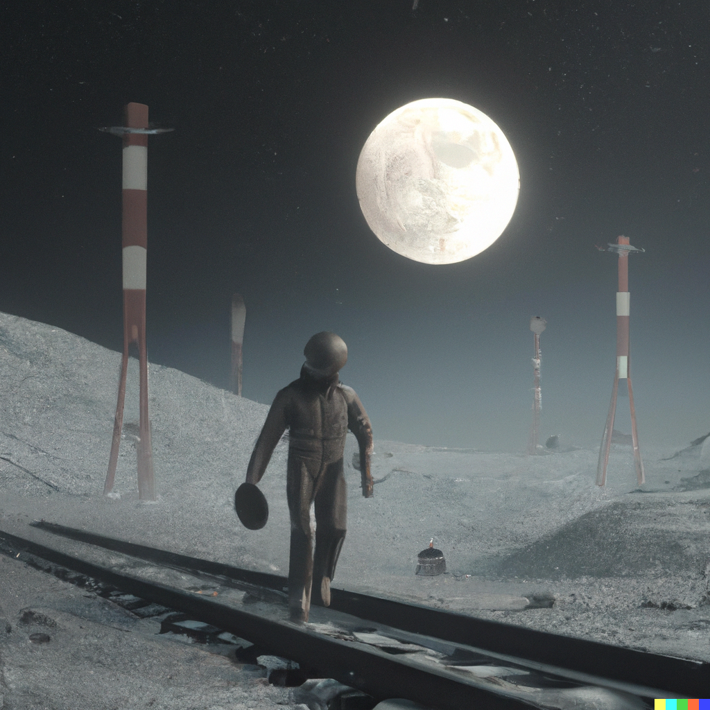 DALL·E 2023-02-11 09.33.10 - 3 render of railway engineer walking on moon ground, digital art