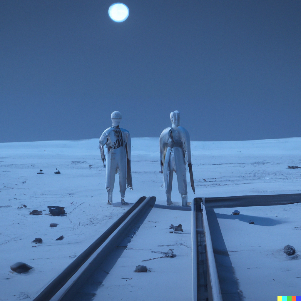 DALL·E 2023-02-11 09.33.15 - 3 render of railway engineer walking on moon ground, digital art