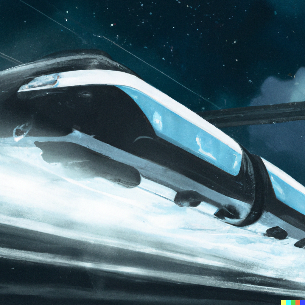 DALL·E 2023-02-11 10.12.24 - Painting of 3d render of a train from Deutsche Bahn floating in space, Blade Runner 2049