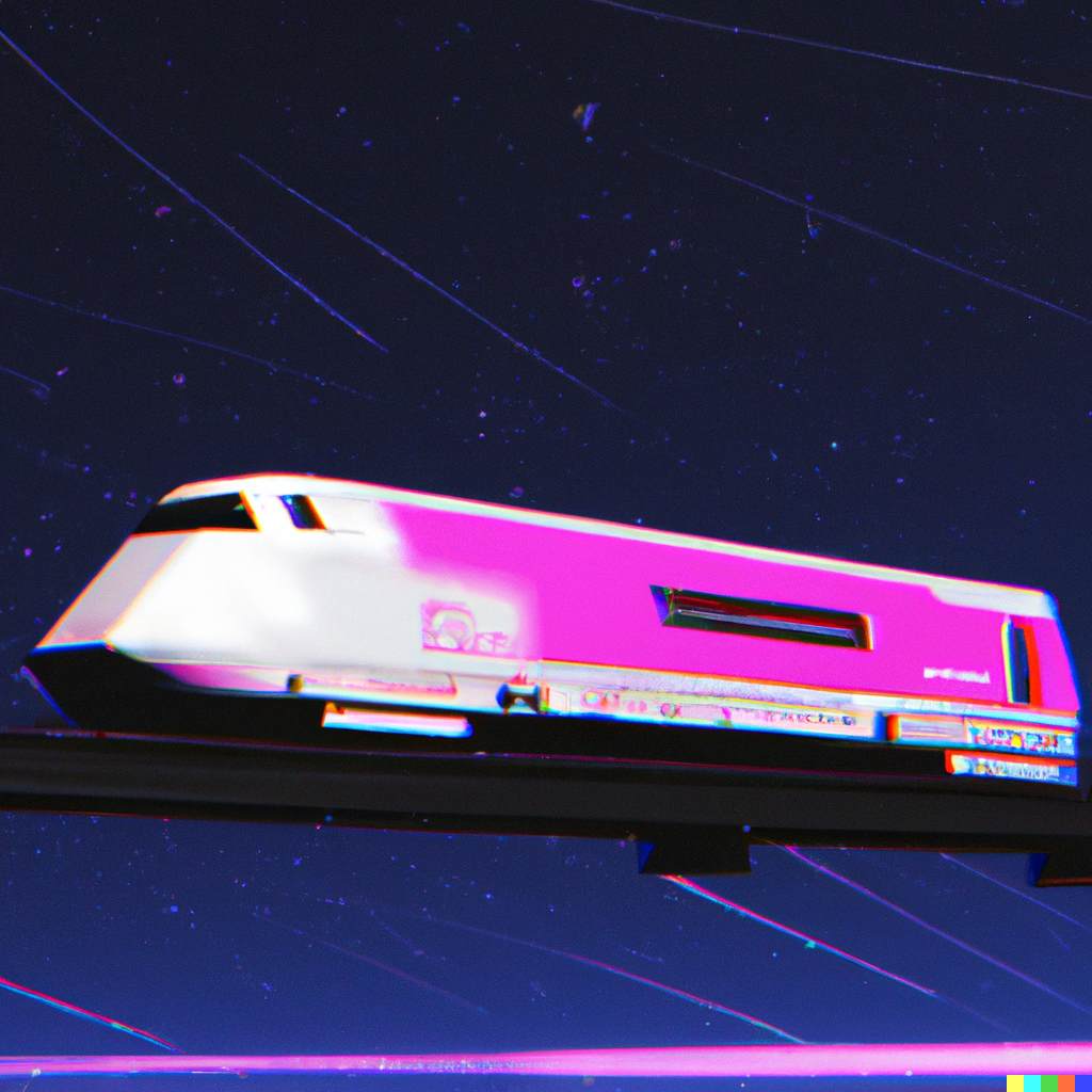 DALL·E 2023-02-11 10.15.13 - 3d render of a train from Deutsche Bahn floating in space, Vaporwave