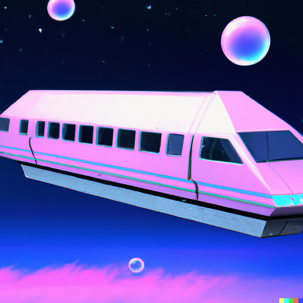 DALL·E 2023-02-11 10.15.33 - 3d render of a train from Deutsche Bahn floating in space, Vaporwave