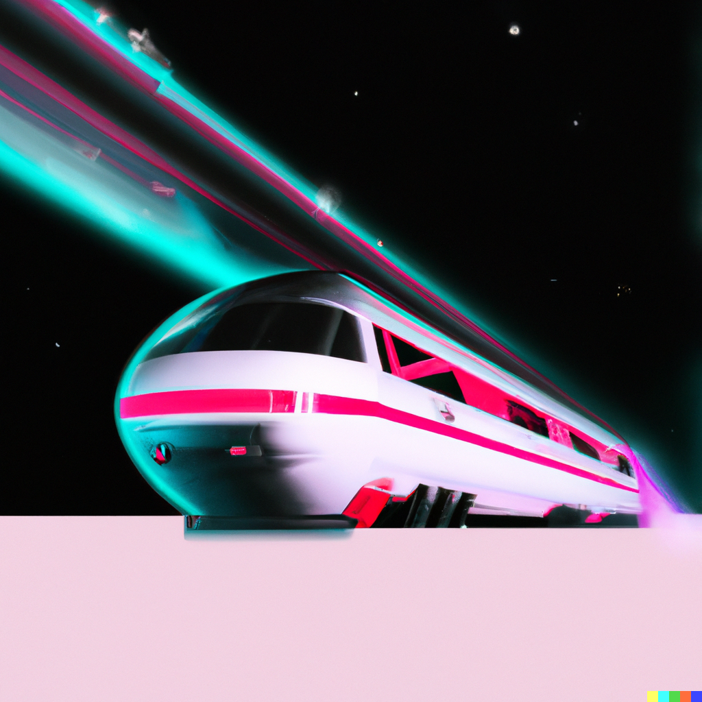 DALL·E 2023-02-11 10.15.39 - Painting of 3d render of a train from Deutsche Bahn floating in space, Vaporwave