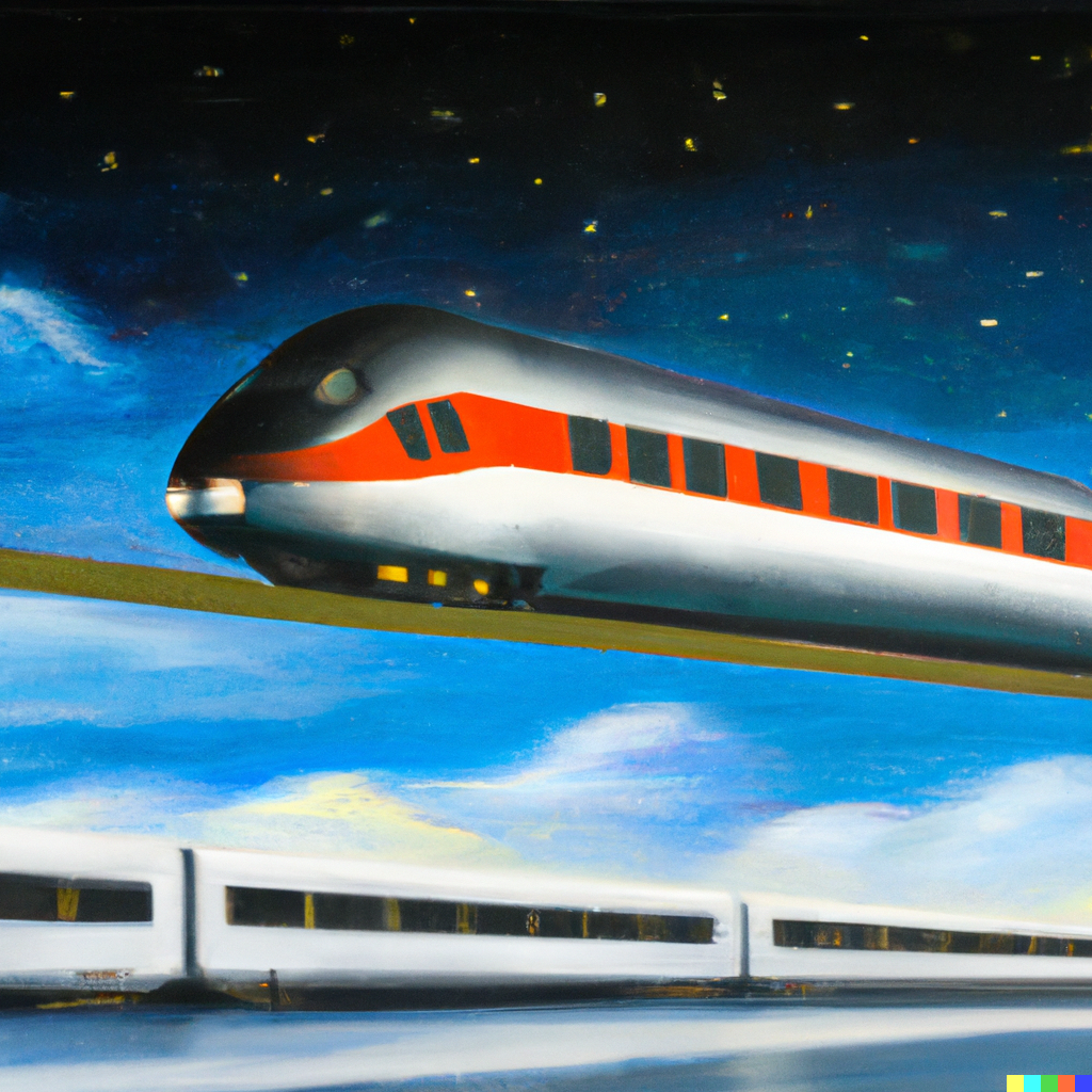 DALL·E 2023-02-11 10.18.46 - Painting of a train from Deutsche Bahn floating in space, Oil and Canvas