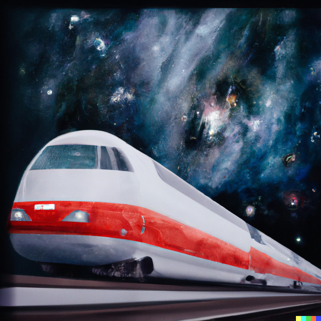 DALL·E 2023-02-11 10.19.46 - 3d render of a train from Deutsche Bahn floating in space, Oil and Canvas