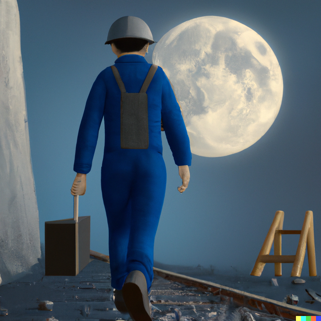 DALL·E 2023-02-11 10.23.43 - 3d render of a railway engineer walking on moon ground, Oil and Canvas