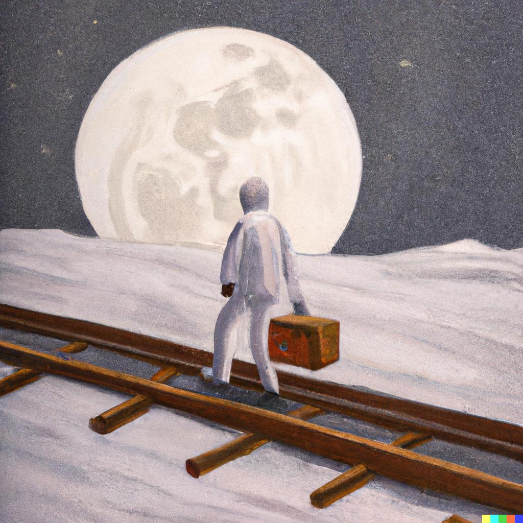 DALL·E 2023-02-11 10.23.54 - 3d render of a railway engineer walking on moon ground, Oil and Canvas