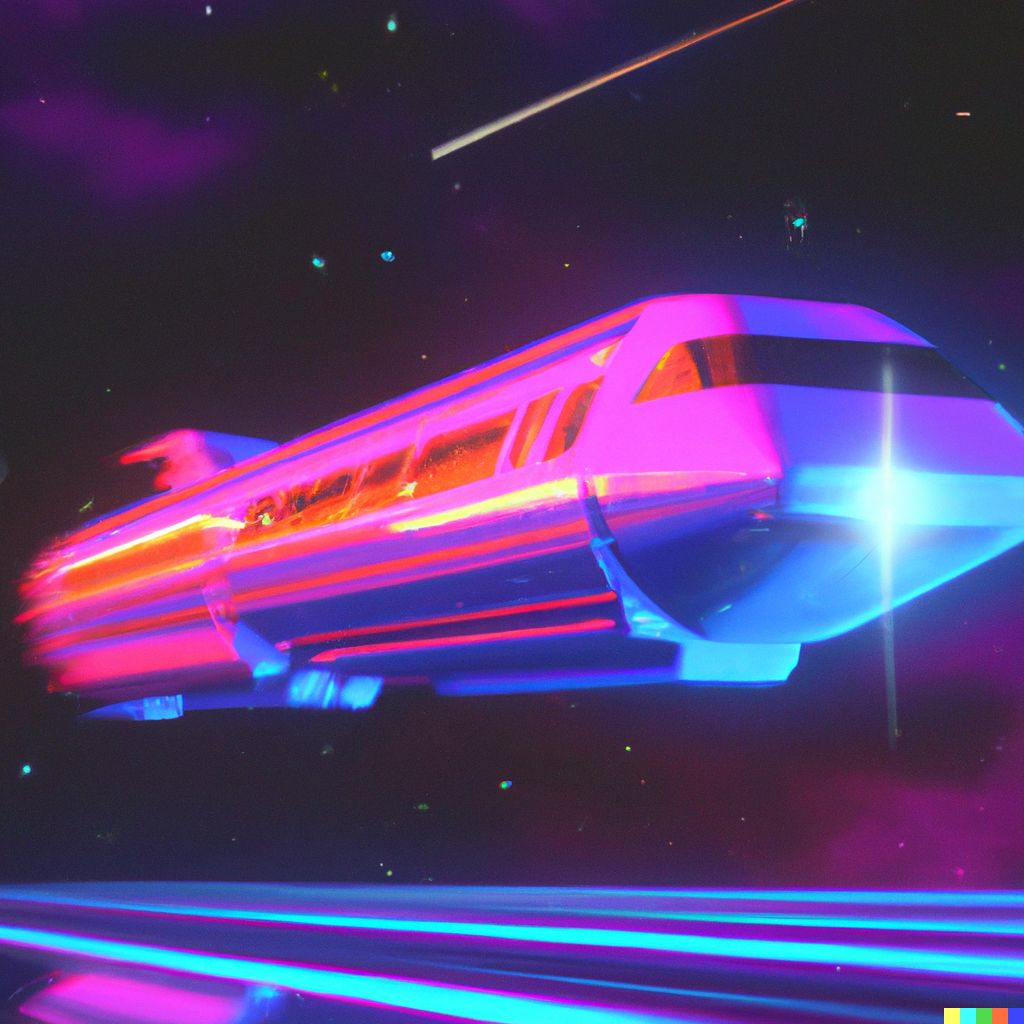 DALL·E 2023-02-11 10.47.15 - 3d render of a train from Deutsche Bahn floating in space, Synthwave