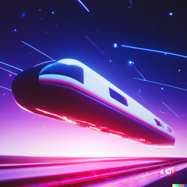 DALL·E 2023-02-11 10.47.25 - 3d render of a train from Deutsche Bahn floating in space, Synthwave