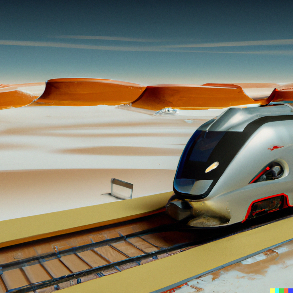 DALL·E 2023-02-11 10.55.34 - 3d render of a train from Deutsche Bahn on a mars landscape, digital art