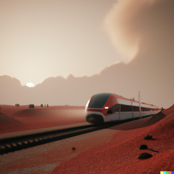 DALL·E 2023-02-11 10.55.38 - 3d render of a train from Deutsche Bahn on a mars landscape, digital art